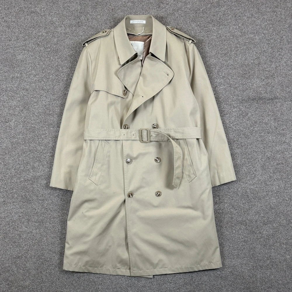Misty Harbor Long Double Breasted Belted Trench Coat Mens 44 Removable Fur Liner